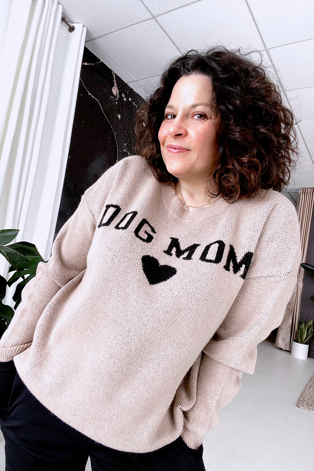 DOG MOM SOFTEST SWEATER IN TAUPE